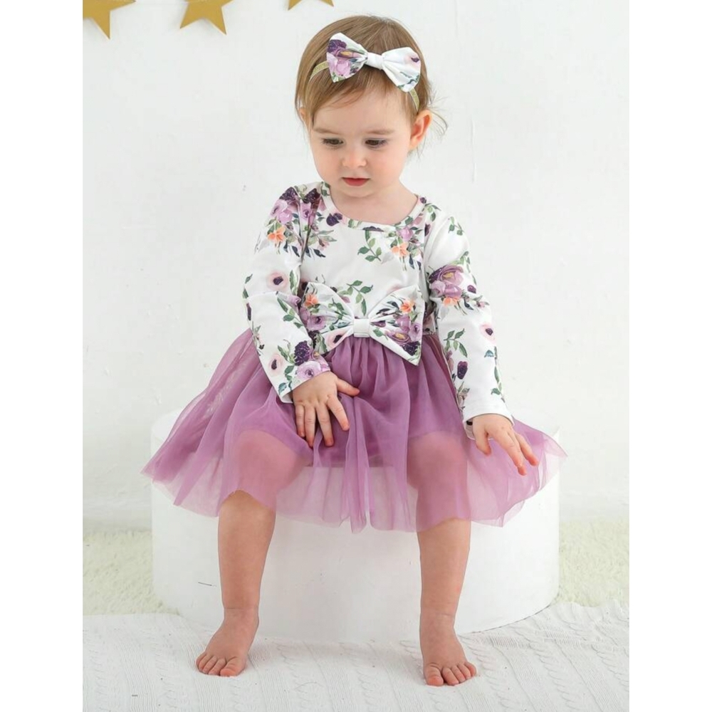 Girls Floral Print Long Sleeve Net / Tutu Style Dress with Headband Bow, 6-9M